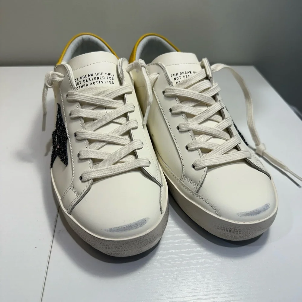 Golden Goose White Sneakers with Black Star and Yellow Heel - Picture 2 of 6